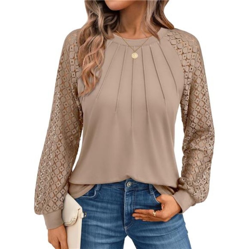 Womens Long Sleeve Shirts Pleated Lace Tops Fall Fashion Outfits